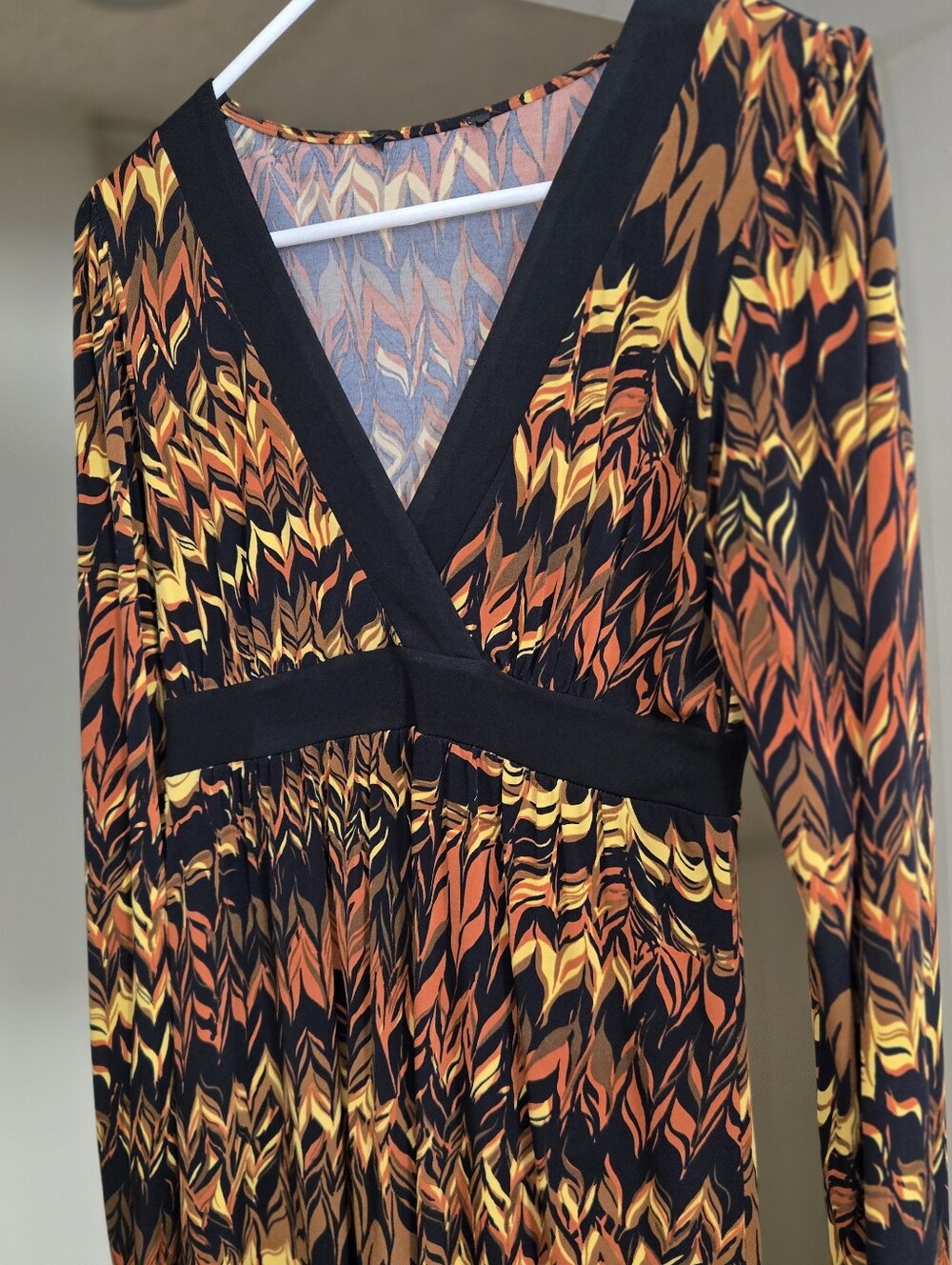 Womens Black Orange Yellow Printed V-Neck Top